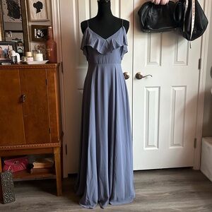 BHLDN Jenny Yoo blue ruffle flowy chiffon sleeveless bridesmaid dress (Mila)